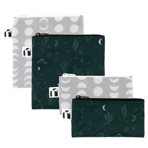 Roamio by Bumkins Reusable Snack Bag 4 Pack: Desert Night—2 gray waterproof bags with moon phases & 2 green waterproof bags with cacti.