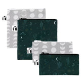 Roamio by Bumkins Reusable Snack Bag 4 Pack: Desert Night—2 gray waterproof bags with moon phases & 2 green waterproof bags with cacti.