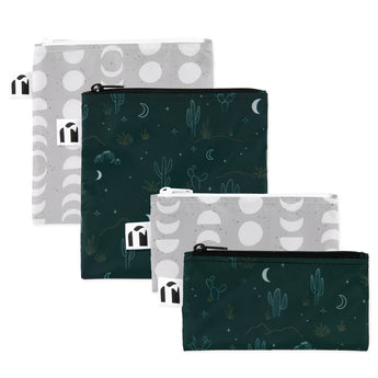 Roamio by Bumkins Reusable Snack Bag 4 Pack: Desert Night—2 gray waterproof bags with moon phases & 2 green waterproof bags with cacti.