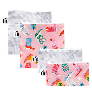 Roamio by Bumkins Snack Bag 4 Pack: Disco Boots includes 4 waterproof pouches—two pink with cowboy boots, two gray & white mosaic.