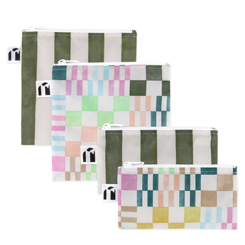 Roamio by Bumkins Snack Bag 4 Pack: Motley Club—four waterproof pouches, two with green & white stripes, two with colorful squares.