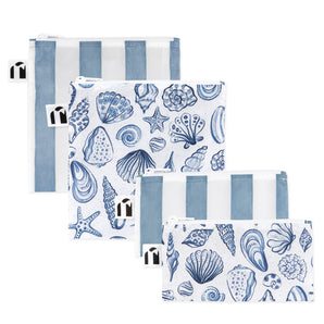 Roamio by Bumkins Snack Bag 4 Pack: Coastal—four waterproof zippered pouches, two with blue stripes & two with seashells on white.