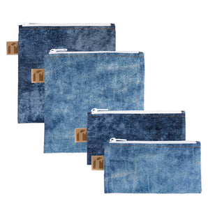 Roamio by Bumkins Snack Bag 4 Pack: Denim On Denim includes four waterproof zippered pouches in light & dark wash denim prints.