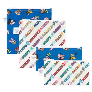 Bumkins Snack Bag 4 Pack: Disney Mickey & Friends Crew—2 blue with faces, 2 white with names & faces.