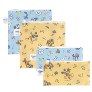Bumkins Snack Bag 4 Pack: Mickey + Minnie Mouse Brunch Bunch includes 2 blue and 2 yellow waterproof pouches with breakfast-themed designs.