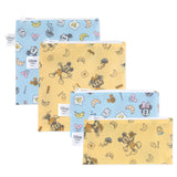 Bumkins Snack Bag 4 Pack: Mickey + Minnie Mouse Brunch Bunch includes 2 blue and 2 yellow waterproof pouches with breakfast-themed designs.