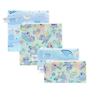 Bumkins Snack Bag 4 Pack: Stitch Star-ring Up Trouble includes 4 blue & green pastel waterproof pouches with Stitch-themed illustrations.