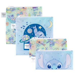 Four Disney Stitch snack bags by Bumkins, featuring playful tropical and musical designs in a 4-pack set.