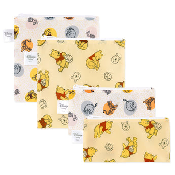 Bumkins Reusable Snack Bag 4 Pack: Disney Pooh Bear + Friends includes 4 zippered waterproof pouches with Winnie the Pooh designs.