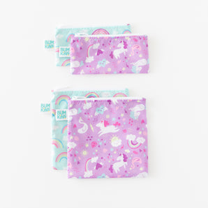 Bumkins Reusable Snack Bag 4 Pack: Unicorns and Rainbows features pastel designs in purple and light blue on a white background.
