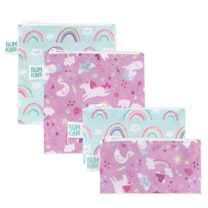 Bumkins Reusable Snack Bag 4 Pack in Unicorns and Rainbows features two sizes with overlapping pastel designs.