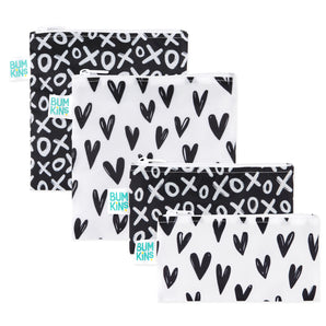 Bumkins Reusable Snack Bag 4 Pack: two hearts, two XOXO patterns in black and white.