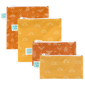 Four Bumkins Reusable Snack Bags (4 Pack) in Desert Boho, featuring orange/yellow geometric and sun patterns.
