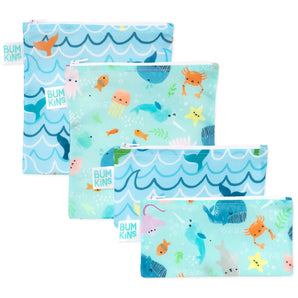 Bumkins Reusable Snack Bag 4 Pack: Ocean Life & Whale Tail—blue pouches with whales, octopuses, and starfish designs.