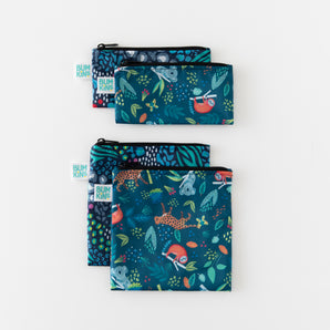 Bumkins Reusable Snack Bag 4 Pack: Jungle and Animal Print, two sizes with fun designs, shown on a white background.