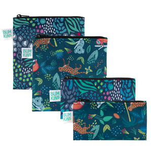 Bumkins Reusable Snack Bag 4 Pack in jungle and animal prints, perfect for snacks and eco-friendly storage.