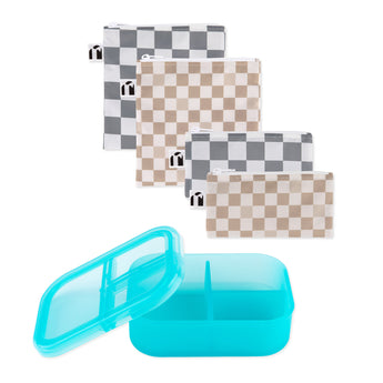 Bumkins Lunchbox Legends 6-Piece Set: Double Check Blue Jelly includes 4 zippered waterproof pouches and a silicone bento box with lid.