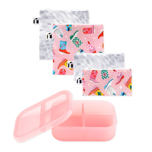 Bumkins Lunchbox Legends 6-Piece Set: Disco Pink Jelly includes 4 zippered waterproof pouches and a silicone bento box with lid.