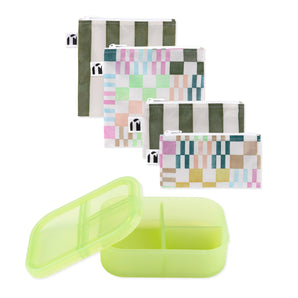 Bumkins Lunchbox Legends 6-Piece Set: Motley Green Jelly includes 4 zippered waterproof pouches and a silicone bento box with lid.