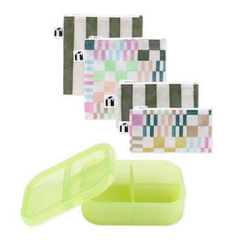 Bumkins Lunchbox Legends 6-Piece Set: Motley Green Jelly includes 4 zippered waterproof pouches and a silicone bento box with lid.