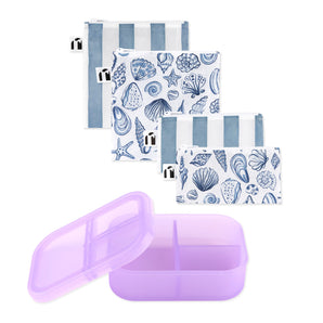 Bumkins Lunchbox Legends 6-Piece Set: Coastal Purple Jelly includes 4 zippered waterproof pouches and a silicone bento box with lid.