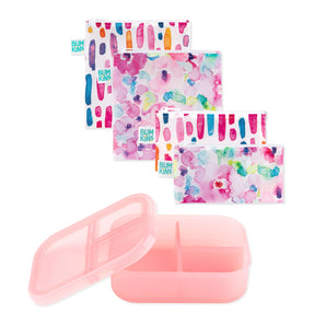 Bumkins Lunchbox Legends 6-Piece Set: Watercolor Pink Jelly includes 4 zippered waterproof pouches and a silicone bento box with lid.