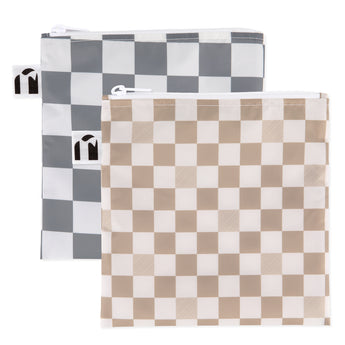 Roamio by Bumkins Bumkins Reusable Snack Bag, Large 2 Pack: Double Check includes two large checkered snack bags in gray and beige made of waterproof fabric.