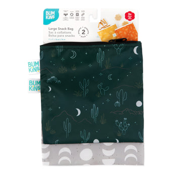 Bumkins Reusable Snack Bag, Large 2 Pack: Desert Night is shown on a white packaging header.