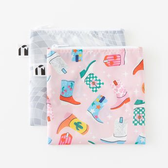 Roamio by Bumkins Reusable Snack Bag, Large 2 Pack: Disco Boots lays overlapped on a white background.