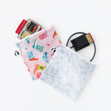 Roamio by Bumkins Reusable Snack Bag, Large 2 Pack: Disco Boots lays overlapped on a white background with electronics like SD cards peeking out.