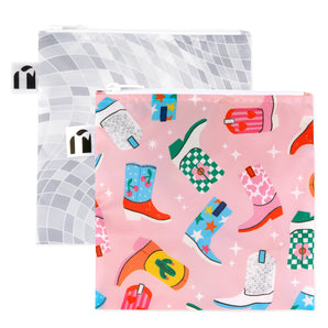 Roamio by Bumkins Reusable Snack Bag, Large 2 Pack: Disco Boots—2 waterproof pouches, one pink with cowboy boots, one gray & white mosaic.