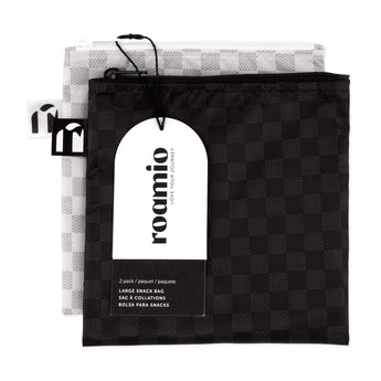Roamio by Bumkins Reusable Snack Bag, Large 2 Pack: Rich & Boujee is shown with a black & white packaging tag.