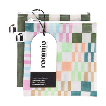 Roamio by Bumkins Reusable Snack Bag, Large 2 Pack: Motley Club is shown with a black & white packaging tag.