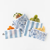 Bags from Bumkins Lunchbox Legends 6-Piece Set: Coastal Purple Jelly hold snacks on a white background.
