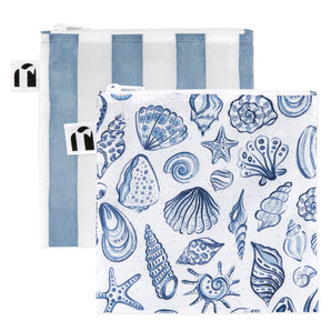 Roamio by Bumkins Reusable Snack Bag, Large 2 Pack: Coastal—2 waterproof zippered pouches, one with blue stripes & one with seashells on white.