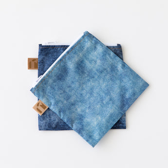 Roamio by Bumkins Reusable Snack Bag, Large 2 Pack: Denim on Denim lays stacked on a white background.