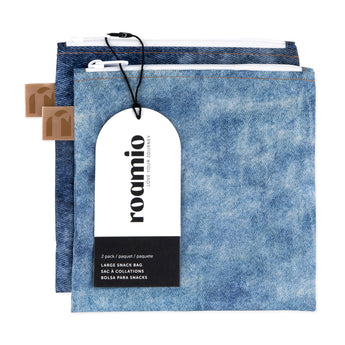 Roamio by Bumkins Reusable Snack Bag, Large 2 Pack: Denim on Denim is shown with a black & white packaging tag.