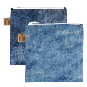 Roamio by Bumkins Reusable Snack Bag, Large 2 Pack: Denim on Denim includes 2 waterproof zippered pouches in light & dark wash denim prints. 