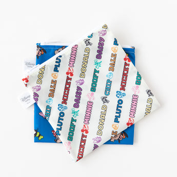Bumkins Reusable Snack Bag, Large 2 Pack: Mickey & Friends MVP are stacked on a white background.