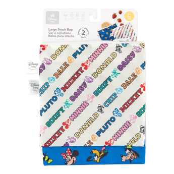 Bumkins Reusable Snack Bag, Large 2 Pack: Mickey & Friends MVP is shown on a white packaging header.