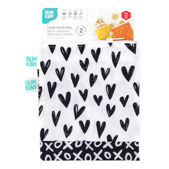 Bumkins Reusable Snack Bag 2-Pack features XOXO & Hearts designs on white, complete with packaging at the top.