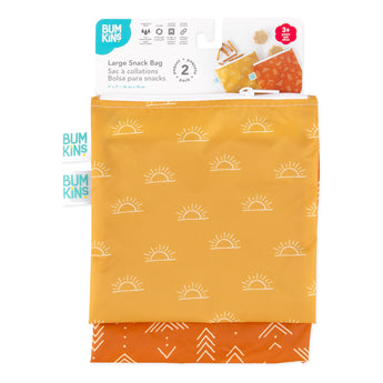 Bumkins Reusable Snack Bag, Large 2-Pack: Sunshine and Grounded is shown on a white packaging header.