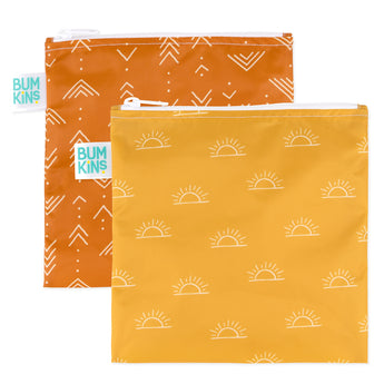 Bumkins Reusable Snack Bag, Large 2-Pack: Sunshine and Grounded includes two zippered waterproof pouches in orange and yellow.