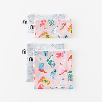 Roamio by Bumkins Snack Bag 4 Pack: Disco Boots is neatly arranged on a white background.