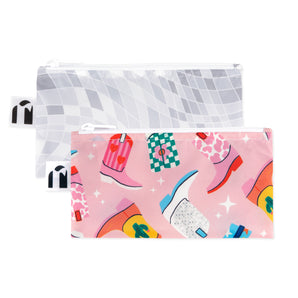 Roamio by Bumkins Reusable Snack Bag, Small 2 Pack: Disco Boots—2 waterproof pouches, one pink with cowboy boots, one gray & white mosaic.