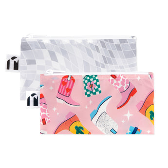 Roamio by Bumkins Reusable Snack Bag, Small 2 Pack: Disco Boots—2 waterproof pouches, one pink with cowboy boots, one gray & white mosaic.