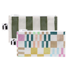 Roamio by Bumkins Reusable Snack Bag, Small 2 Pack: Motley Club—2 waterproof pouches, one with green & white stripes, one with colorful squares.