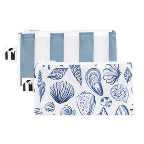 Roamio by Bumkins Reusable Snack Bag, Small 2 Pack: Coastal—2 waterproof zippered pouches, one with blue stripes & one with seashells on white.