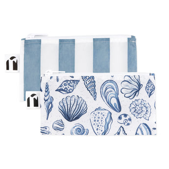 Roamio by Bumkins Reusable Snack Bag, Small 2 Pack: Coastal—2 waterproof zippered pouches, one with blue stripes & one with seashells on white.