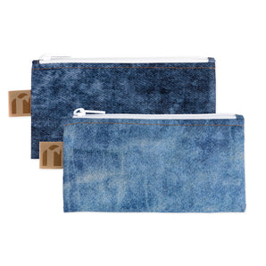 Roamio by Bumkins Reusable Snack Bag, Small 2 Pack: Denim on Denim includes 2 waterproof zippered pouches in light & dark wash denim prints.
